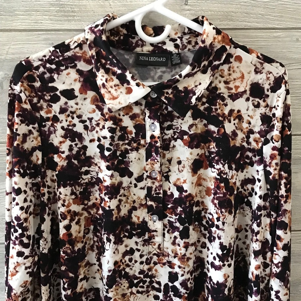 Nina Leonard Black and Brown Patterned Button Down Blouse - Picture 2 of 6